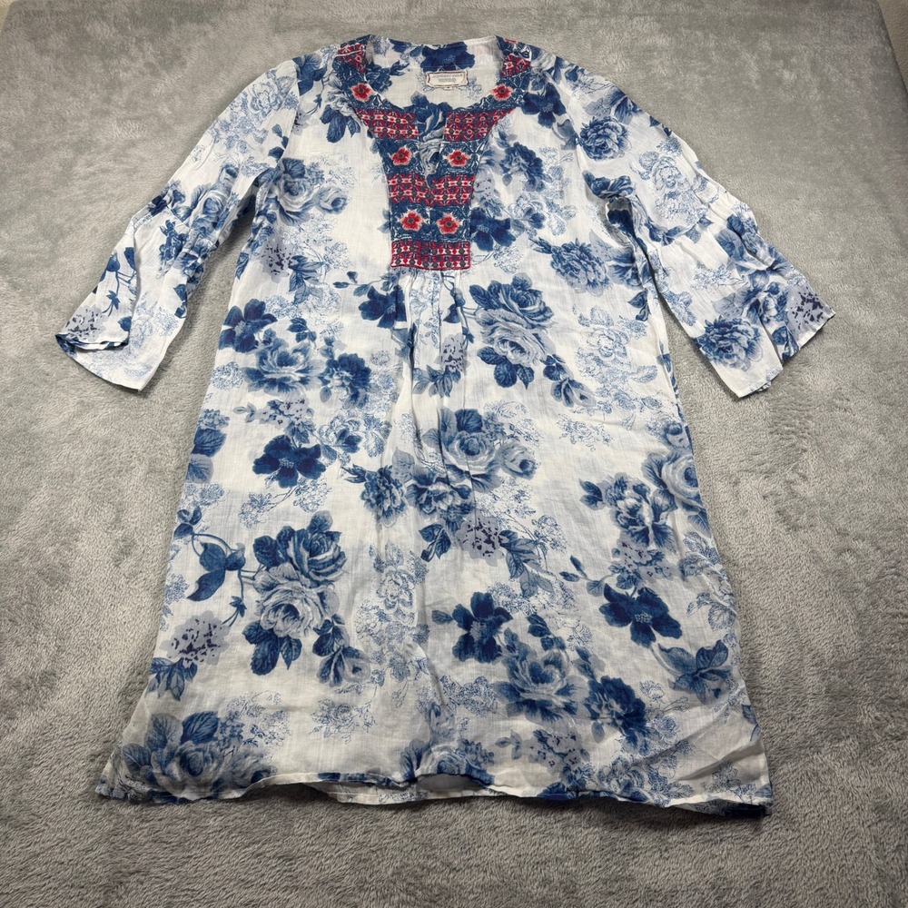 Johnny Was Workshop Toile Dress Womens Small Blue‎ Floral Tunic Embroidered